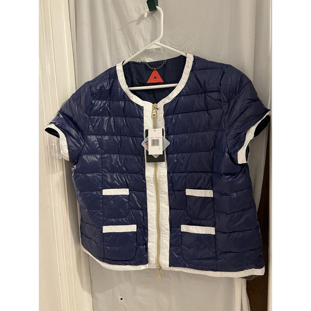 Anorak Blue White Channel Contrast Puffer Jacket Short Sleeve Sz Xl NWT Down - Picture 2 of 9